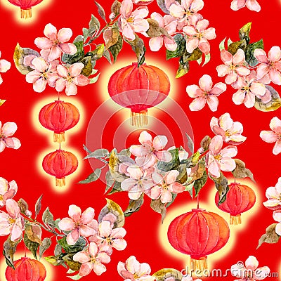 Branch of plum blossom, red paper lantern. Chinese new year seamless pattern. Watercolor Stock Photo