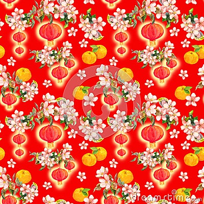 Branch of plum blossom with red paper lanterns, holiday mandarin fruits. Chinese new year seamless pattern. Watercolor Stock Photo