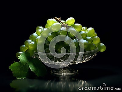 Branch of ripe green grape in a glass bowl. Juicy lush grapes over dark background, closeup shot Stock Photo
