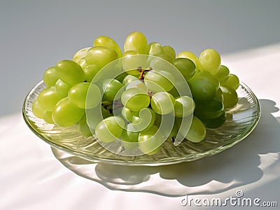 Branch of ripe green grape on a glass plate. Juicy lush grapes over white background, closeup shot Stock Photo