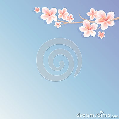 Branch of Sakura with Pink flowers isolated on gradient Blue Violet background. Apple-tree flowers. Cherry blossom. Vector Vector Illustration