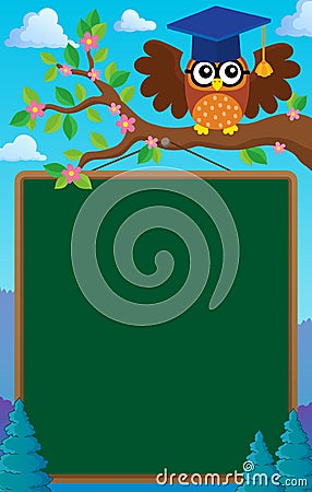 Branch with schoolboard and owl Vector Illustration