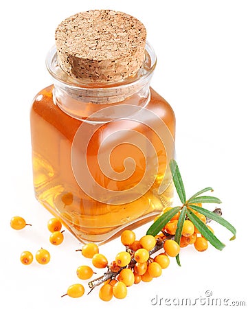 Branch of sea-buckthorn and oil Stock Photo