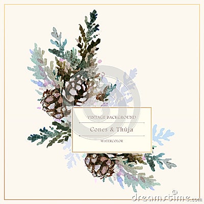 Branch of thuja watercolor soft background Vector Illustration