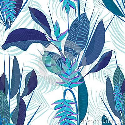 Branch tropical heliconia flower leaves seamless background. Watercolor realistic drawing in flat blue color style. isolated on wh Vector Illustration
