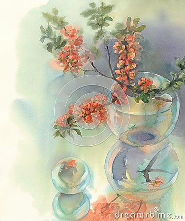 Branches of blooming quince still-life watercolor Cartoon Illustration