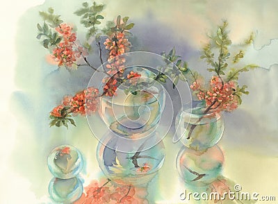 Branches of blooming quince still-life watercolor Cartoon Illustration