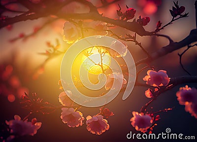 Branches of blossoming pink tree Cartoon Illustration