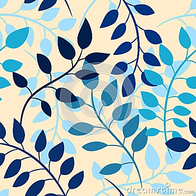 Seamless pattern with blue leaves on beige background Vector Illustration