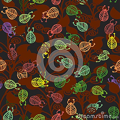 Branches with brown leaves with colorful insects Vector Illustration