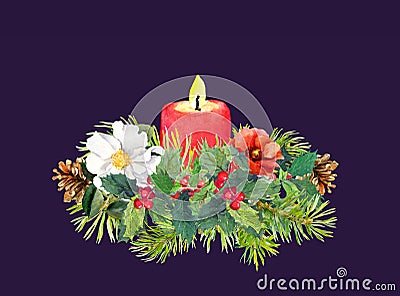 Branches of Christmas tree, candle, flowers, holly plant. Watercolor bouquet Stock Photo