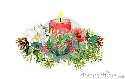 Branches of Christmas tree, candle, holly plant, flowers. Watercolor composition Stock Photo