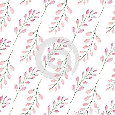 Branches with flower buds watercolor raster seamless pattern Cartoon Illustration