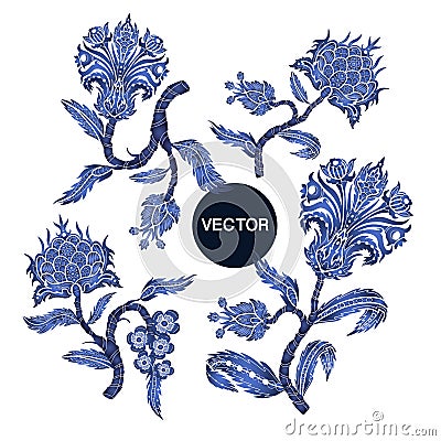 Branches with flowers in chinoiserie style isolated. Vector Illustration