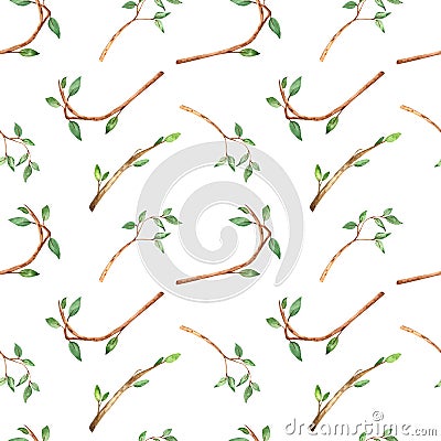 Watercolor multi directional seamless pattern with branches and leaves on a white background Stock Photo