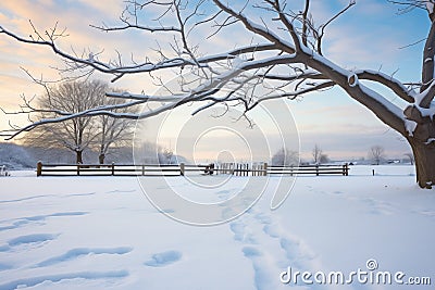 branches over a farms snow trail Stock Photo