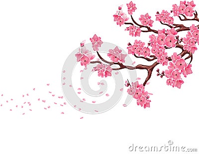 Branches with pink cherry blossoms. Sakura. The petals fly in the wind. Isolated on white background. illustration Vector Illustration