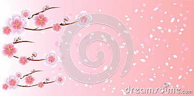 Branches of Sakura and petals flying isolated on light pink background. Apple-tree flowers. Cherry blossom. Vector EPS 10, cmyk Vector Illustration