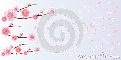 Branches of Sakura and petals flying on light blue purple background. Apple-tree flowers. Cherry blossom. Vector EPS 10 Vector Illustration