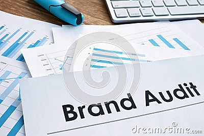 Brand audit report, documents and computer keyboard Stock Photo