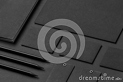 Brand identity mockup. Blank corporate stationery set at black t Stock Photo