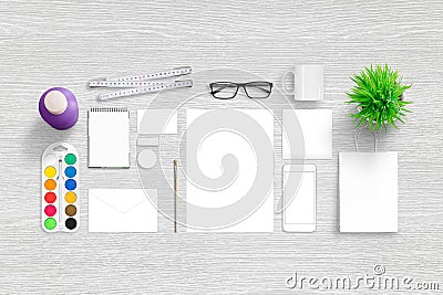 Brand identity portfolio presentation. Top view scene with , blank stationery Stock Photo