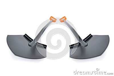 Brand new black metal spade or a shovel isolated over white background. Gardening equipment cut out studio shot. Stock Photo