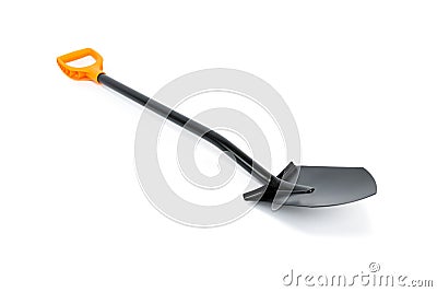 Brand new black metal spade or a shovel isolated over white background. Gardening equipment cut out studio shot. Stock Photo