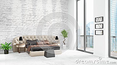 Brand new white loft bedroom minimal style interior design with copyspace wall and view out of window. 3D Rendering. Stock Photo