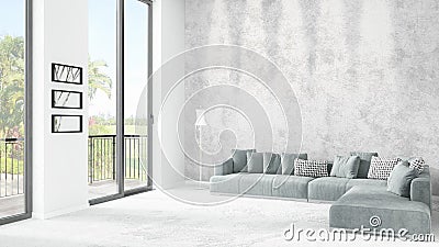 Brand new white loft bedroom minimal style interior design with copyspace wall and view out of window. 3D Rendering. Stock Photo