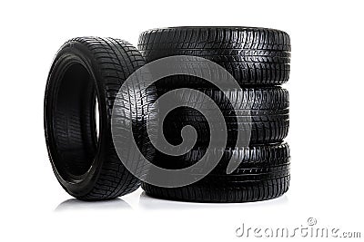 Brand new winter car tires with a modern tread isolated on white background Stock Photo