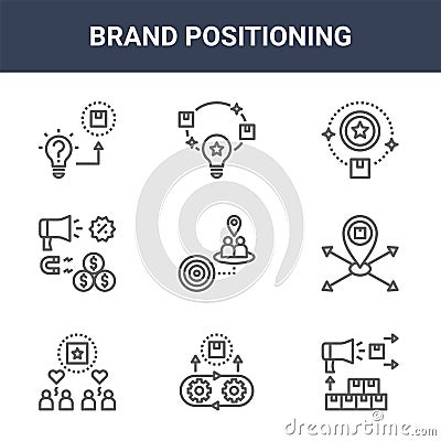 9 brand positioning icons pack. trendy brand positioning icons on white background. thin outline line icons such as promote, Vector Illustration