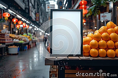 Brand presence Mock up poster or signboard on a blurred food market Stock Photo