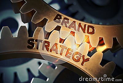 Brand Strategy Concept. Golden Cog Gears. 3D Illustration. Stock Photo