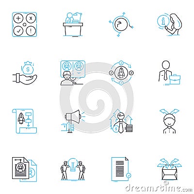 Brand unveiling linear icons set. Launch, Reveal, Debut, Introduction, Premire, Unveiling, Presentation line vector and Vector Illustration