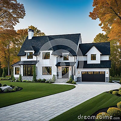 A brand white contemporary farmhouse with a dark shingled roof and black windows is seen in OAK on Cartoon Illustration
