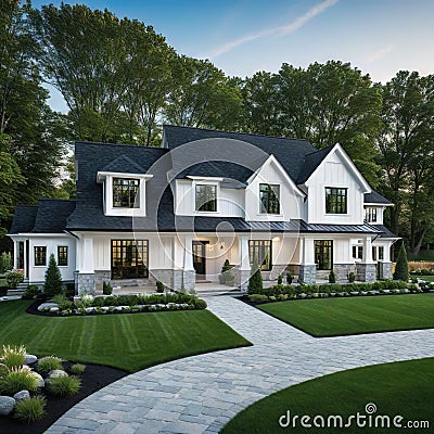 A brand white contemporary farmhouse with a dark shingled roof and black windows is seen in OAK on Cartoon Illustration