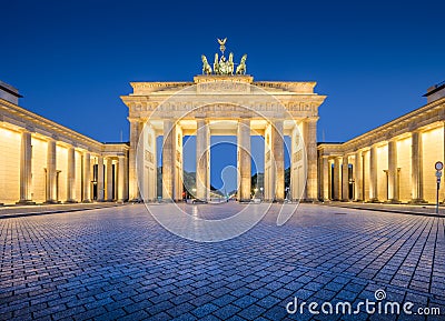 Brandenburg Gate illuminated in twilight, Berlin, Germany Stock Photo