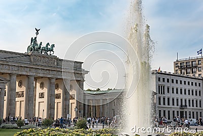 Brandenburg Gate and Pariser Platz with fountain, Berlin, Germany Stock Photo