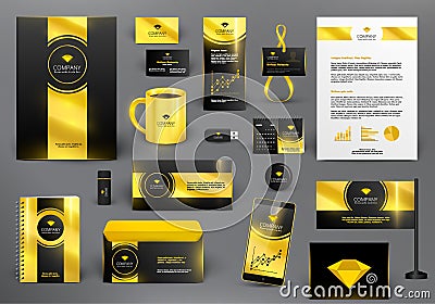 Branding design kit for jewelry shop in golden style. Vector Illustration