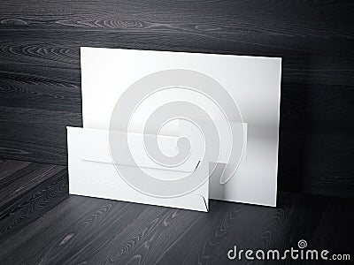 Branding mockup on the dark wooden floor. 3d rendering Stock Photo