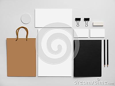 Branding mockup with shopping bag. Stationery on Stock Photo