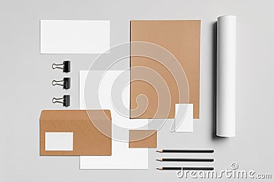 Branding / Stationery Mock-Up - Kraft & White - Letterhead A4, DL Envelope, Compliments Slip 99x210mm, Business Cards 85x55mm Stock Photo