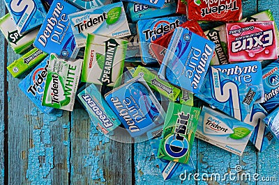 Brands Orbit, Extra, Eclipse, Freedent, Wrigley, Spearmint. Ttident, Stride, various brand chewing gum Editorial Stock Photo