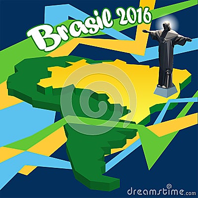 Brasil 2016, country map in 3d and statue of Jesus Vector Illustration
