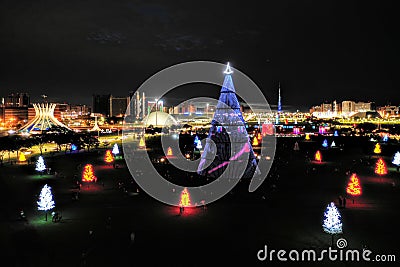 Night view of the Esplanada dos Ministerios in Brasilia, capital of Brazil, decorated for Christmas Editorial Stock Photo
