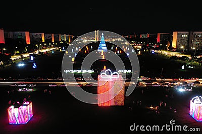 Aerial nightview of the Esplanada dos Ministerios in Brasilia, decorated for Christmas, Brazil Editorial Stock Photo