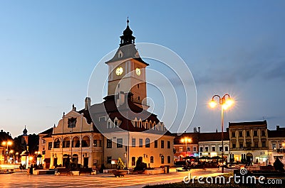 Brasov Council Square, night view in Romania Stock Photo