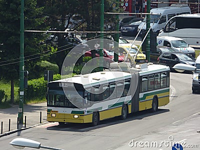 BRASOV- JUNE 21: Trolleybus in traffic on June 21, 2017 in Brasov, Romania Editorial Stock Photo