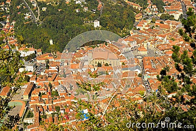 Brasov Old City. Council Square. Old City Hall. Autumn view from above Tampa Mountain. Stock Photo